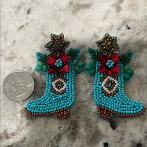 Beaded Cowboy Boot Earrings with Floral Design